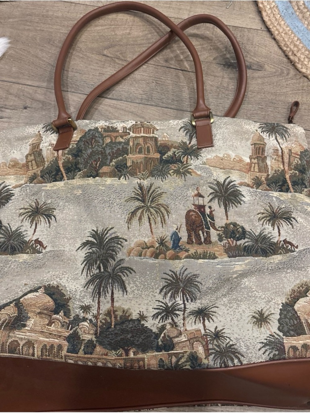 Tapestry Travel Tote Bag with Brown Leather Trim